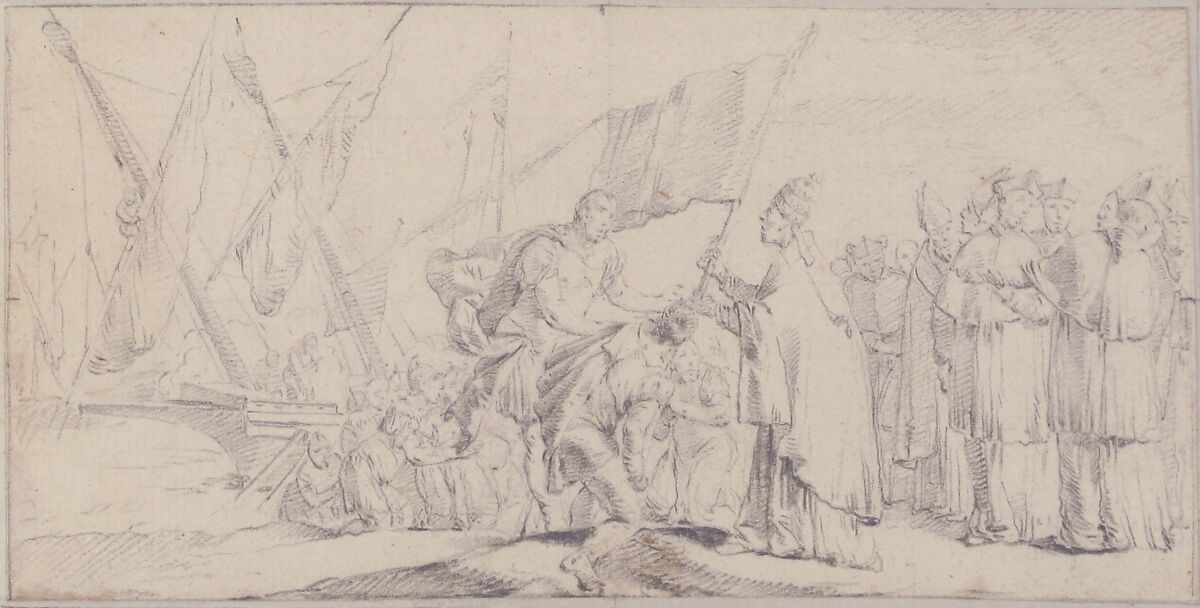 Illustration for a Book:  Pope Handing a Banner to a Crusader, with Ships in the Background, Giovanni Battista Tiepolo (Italian, Venice 1696–1770 Madrid), Black chalk.   Horizontal and vertical centering lines ruled in faint black chalk