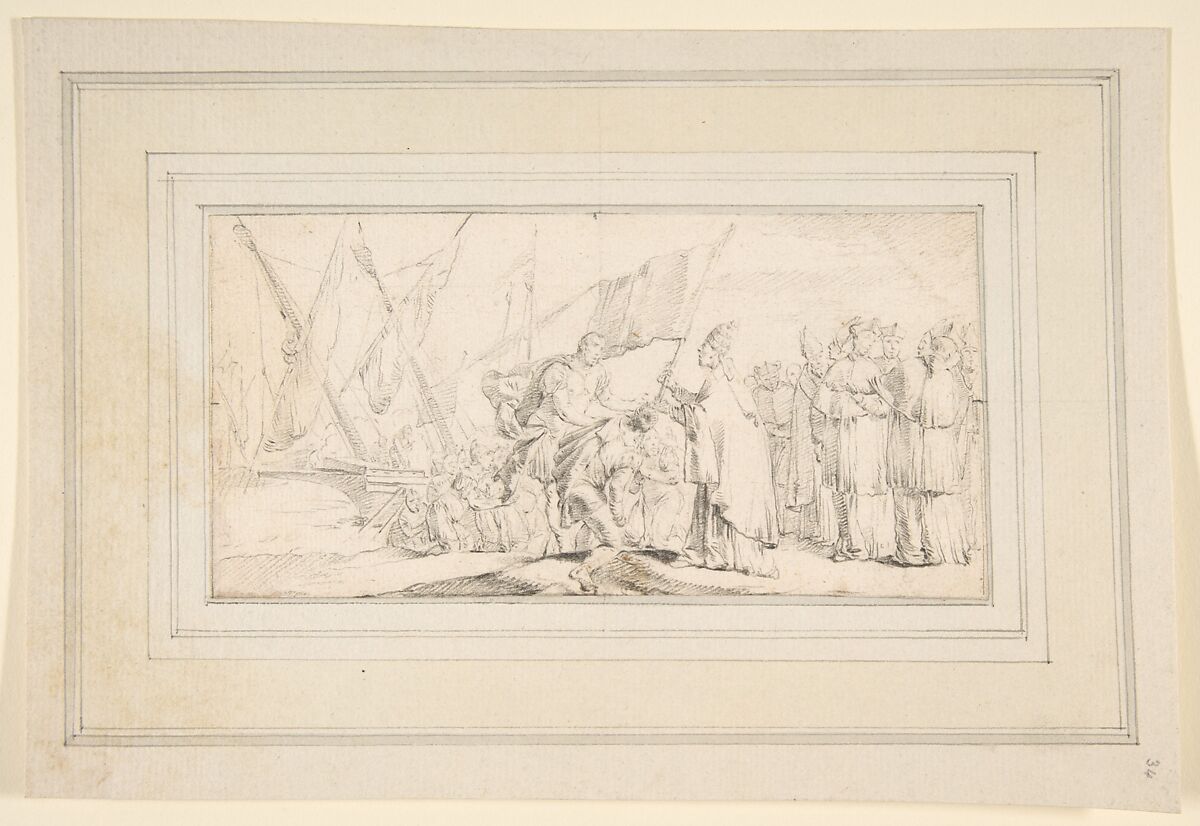 Illustration for a Book:  Pope Handing a Banner to a Crusader, with Ships in the Background, Giovanni Battista Tiepolo (Italian, Venice 1696–1770 Madrid), Black chalk.   Horizontal and vertical centering lines ruled in faint black chalk