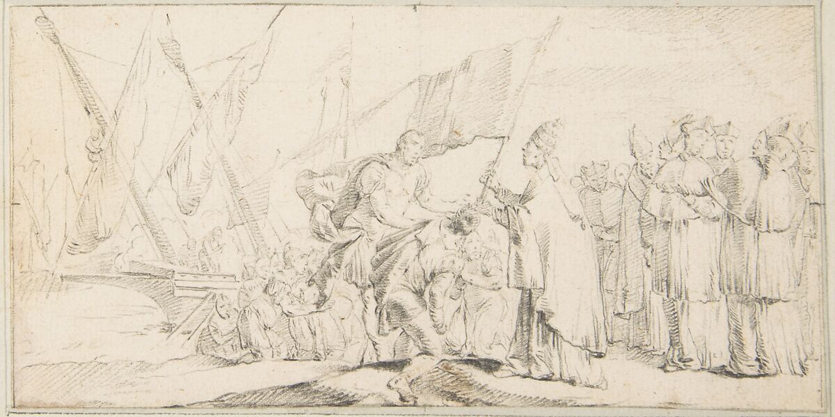 Illustration for a Book:  Pope Handing a Banner to a Crusader, with Ships in the Background, Giovanni Battista Tiepolo (Italian, Venice 1696–1770 Madrid), Black chalk.   Horizontal and vertical centering lines ruled in faint black chalk 