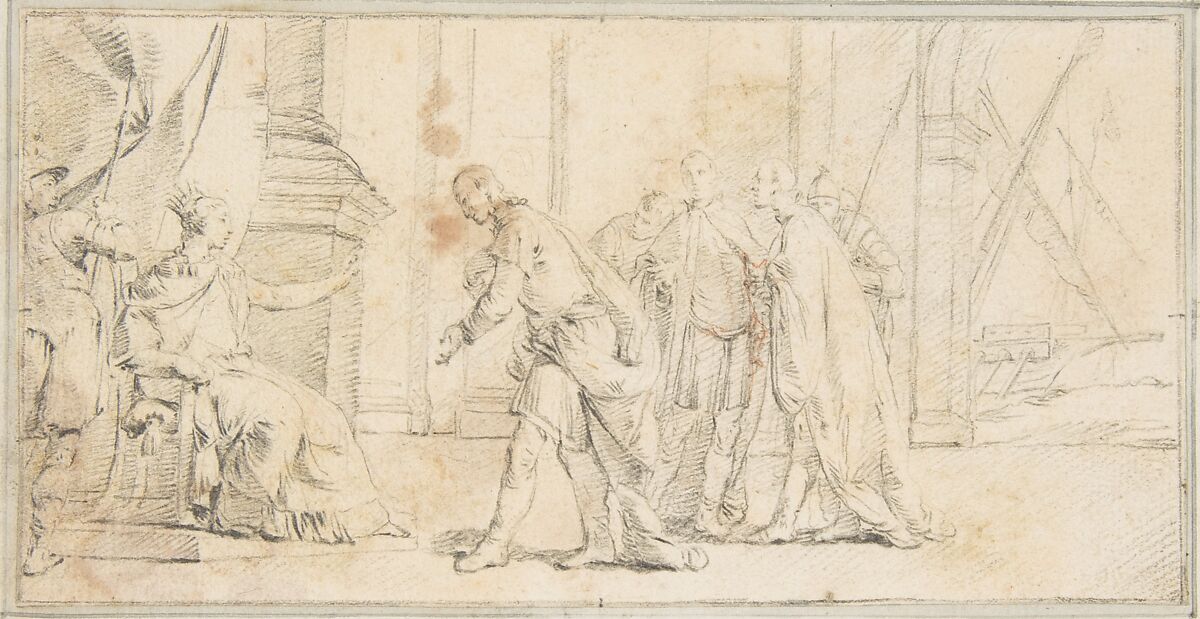 Illustration for a Book:  Queen of Port City Receiving Envoys, Giovanni Battista Tiepolo (Italian, Venice 1696–1770 Madrid), Black chalk, reworked with traces of red chalk.   Horizontal and vertical centering lines ruled in faint black chalk 