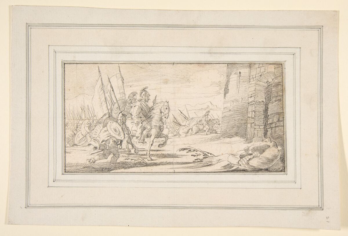 Illustration for a Book:  Troops Advancing toward a City Gate, Giovanni Battista Tiepolo (Italian, Venice 1696–1770 Madrid), Graphite or black chalk.  Horizontal and vertical centering lines and another vertical line in graphite or black chalk ruled at 1 cm to the left border