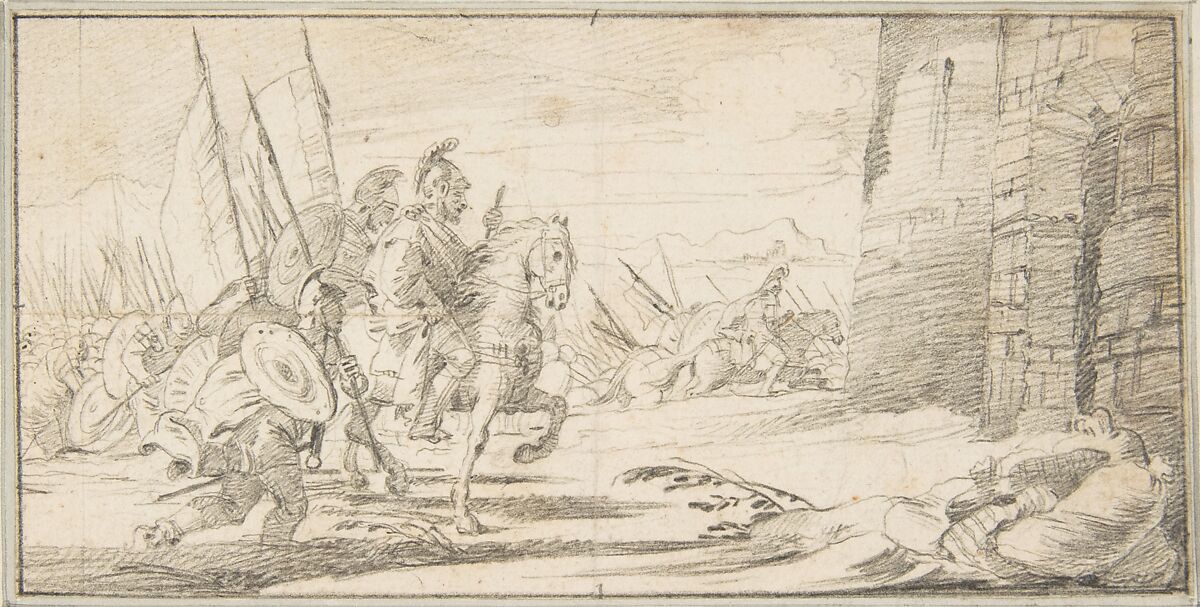 Illustration for a Book:  Troops Advancing toward a City Gate, Giovanni Battista Tiepolo (Italian, Venice 1696–1770 Madrid), Graphite or black chalk.  Horizontal and vertical centering lines and another vertical line in graphite or black chalk ruled at 1 cm to the left border 