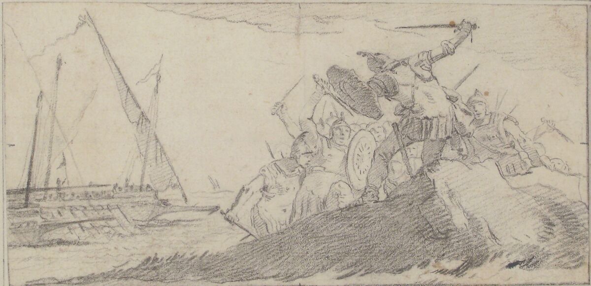Illustration for a Book:  Battle by the Sea Coast, Giovanni Battista Tiepolo (Italian, Venice 1696–1770 Madrid), Black chalk.   Horizontal and vertical centering lines ruled in faint black chalk
