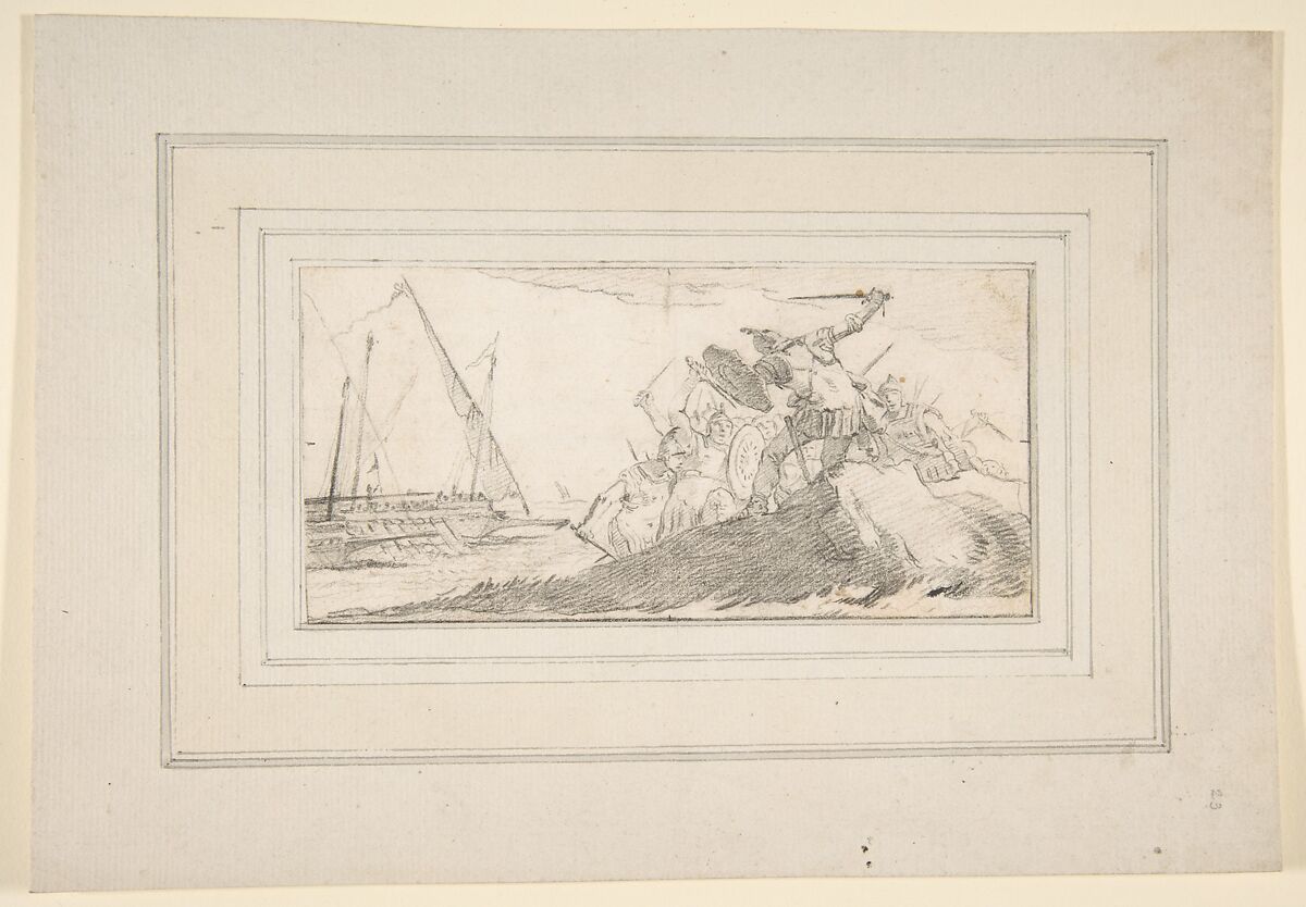 Illustration for a Book:  Battle by the Sea Coast, Giovanni Battista Tiepolo (Italian, Venice 1696–1770 Madrid), Black chalk.   Horizontal and vertical centering lines ruled in faint black chalk