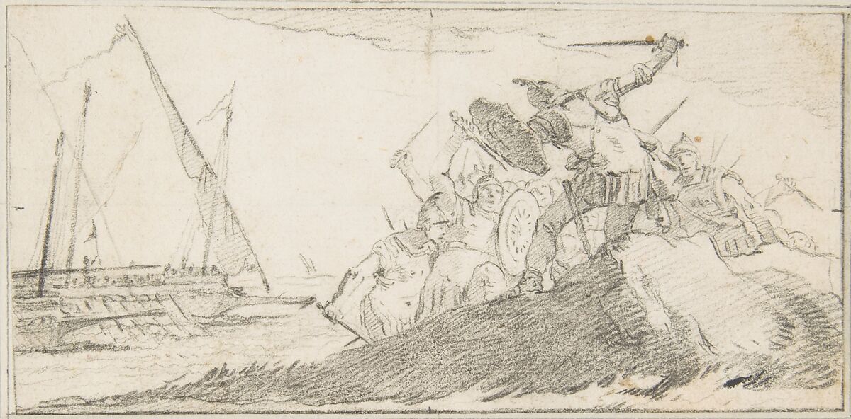 Illustration for a Book:  Battle by the Sea Coast, Giovanni Battista Tiepolo (Italian, Venice 1696–1770 Madrid), Black chalk.   Horizontal and vertical centering lines ruled in faint black chalk 