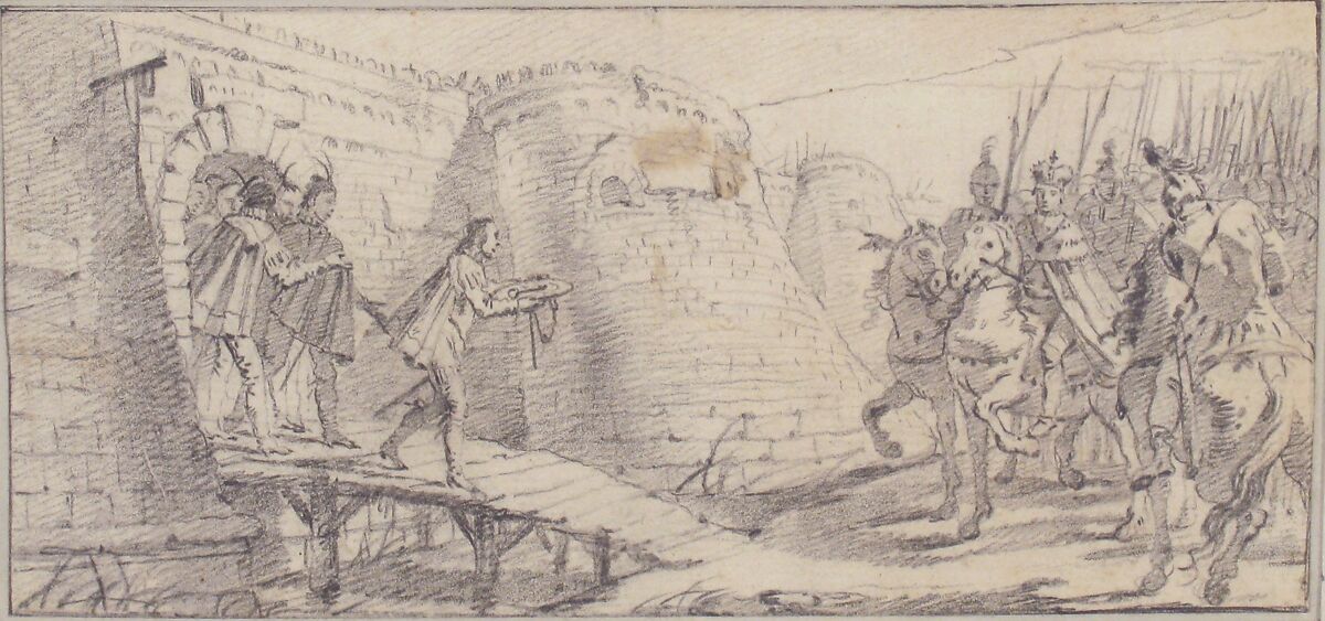 Illustration for a Book:  Surrender of the Keys of a City to an Emperor, Giovanni Battista Tiepolo (Italian, Venice 1696–1770 Madrid), Black chalk.   Horizontal and vertical centering lines ruled in faint black chalk