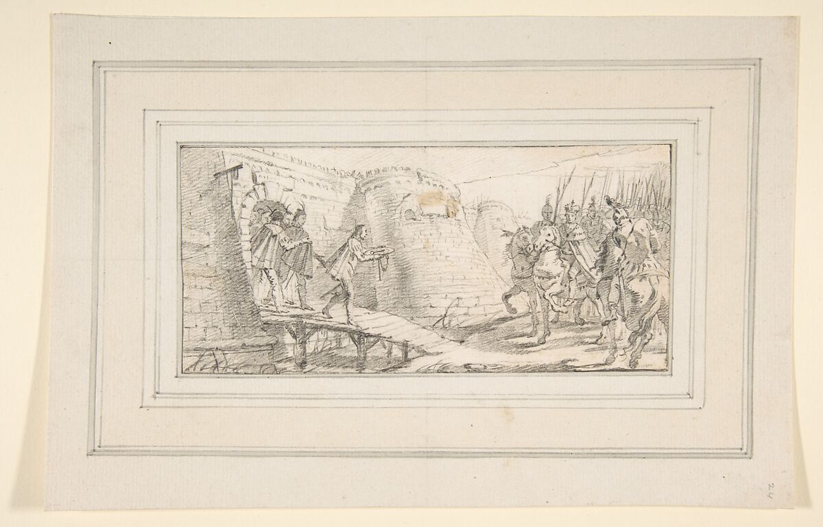 Illustration for a Book:  Surrender of the Keys of a City to an Emperor, Giovanni Battista Tiepolo (Italian, Venice 1696–1770 Madrid), Black chalk.   Horizontal and vertical centering lines ruled in faint black chalk
