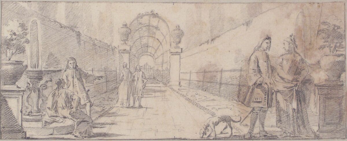 Illustration for a Book:  Figures in Conversation in a Garden, Giovanni Battista Tiepolo (Italian, Venice 1696–1770 Madrid), Black chalk.   Horizontal and vertical centering lines ruled in faint black chalk