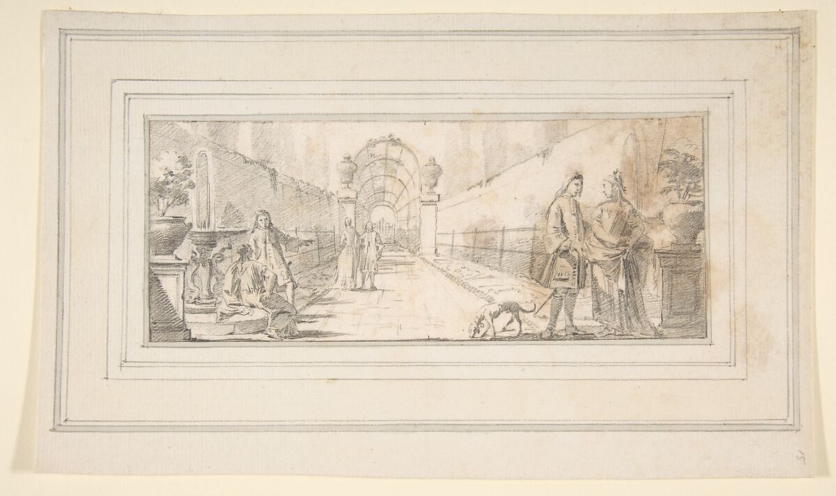 Illustration for a Book:  Figures in Conversation in a Garden, Giovanni Battista Tiepolo (Italian, Venice 1696–1770 Madrid), Black chalk.   Horizontal and vertical centering lines ruled in faint black chalk