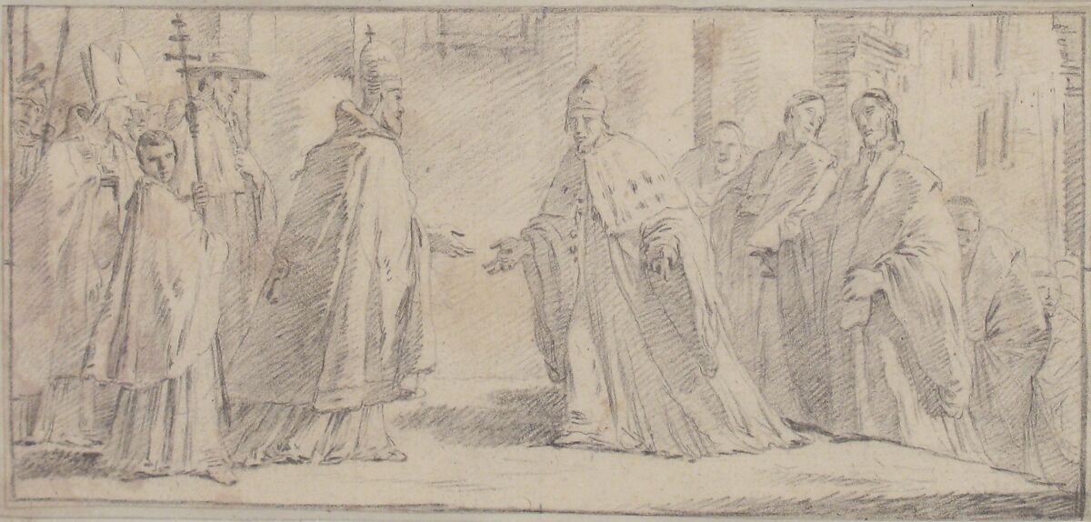 Illustration for a Book:  Meeting Between a Pope and Doge, Giovanni Battista Tiepolo (Italian, Venice 1696–1770 Madrid), Black chalk.   Horizontal and vertical centering lines ruled in faint black chalk