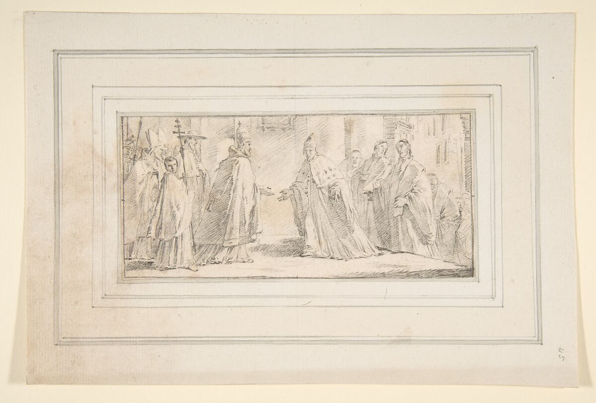 Illustration for a Book:  Meeting Between a Pope and Doge, Giovanni Battista Tiepolo (Italian, Venice 1696–1770 Madrid), Black chalk.   Horizontal and vertical centering lines ruled in faint black chalk