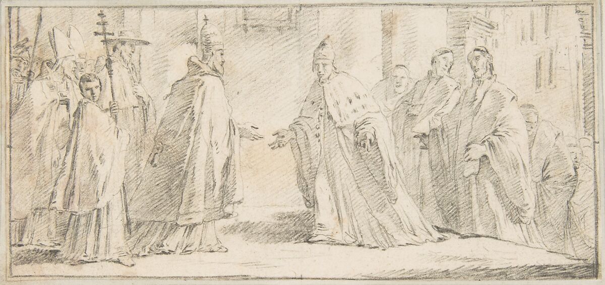 Illustration for a Book:  Meeting Between a Pope and Doge, Giovanni Battista Tiepolo (Italian, Venice 1696–1770 Madrid), Black chalk.   Horizontal and vertical centering lines ruled in faint black chalk 