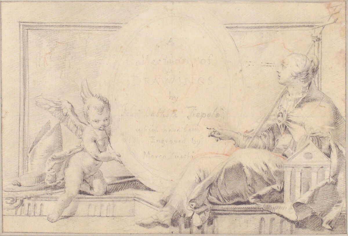 Illustration for a Book:  Frontispiece with a Female Allegorical Figure (Religion?) and a Putto, Giovanni Battista Tiepolo (Italian, Venice 1696–1770 Madrid), Black chalk, reworked with traces of red chalk.  Horizontal and vertical centering lines ruled in faint black chalk