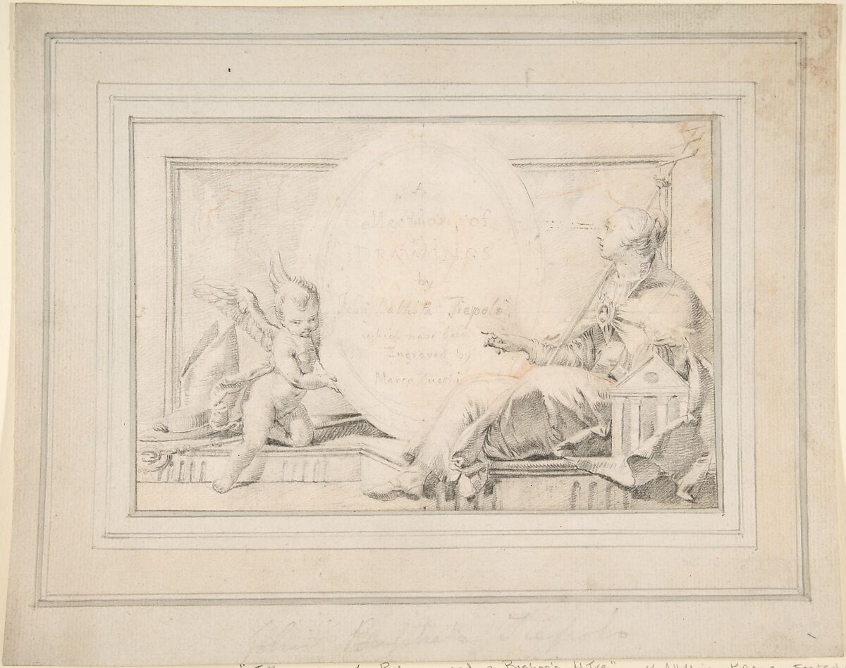 Illustration for a Book:  Frontispiece with a Female Allegorical Figure (Religion?) and a Putto, Giovanni Battista Tiepolo (Italian, Venice 1696–1770 Madrid), Black chalk, reworked with traces of red chalk.  Horizontal and vertical centering lines ruled in faint black chalk