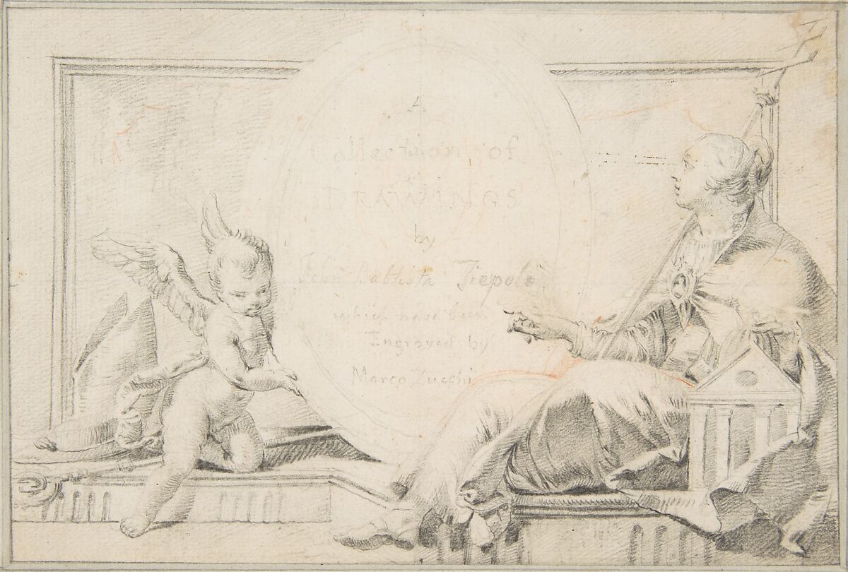 Illustration for a Book:  Frontispiece with a Female Allegorical Figure (Religion?) and a Putto, Giovanni Battista Tiepolo (Italian, Venice 1696–1770 Madrid), Black chalk, reworked with traces of red chalk.  Horizontal and vertical centering lines ruled in faint black chalk 
