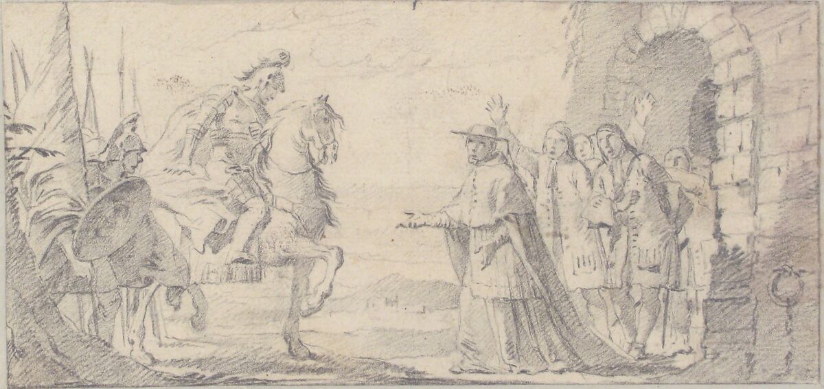 Illustration for a Book:  Cardinal Receiving a General at a City Gate, Giovanni Battista Tiepolo (Italian, Venice 1696–1770 Madrid), Black chalk.   Horizontal and vertical centering lines ruled in faint black chalk