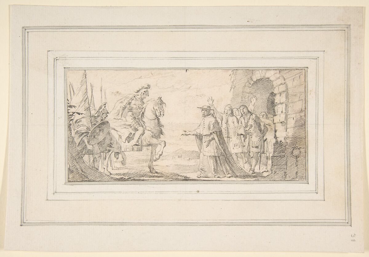 Illustration for a Book:  Cardinal Receiving a General at a City Gate, Giovanni Battista Tiepolo (Italian, Venice 1696–1770 Madrid), Black chalk.   Horizontal and vertical centering lines ruled in faint black chalk
