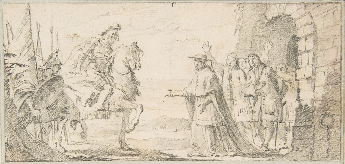 Illustration for a Book:  Cardinal Receiving a General at a City Gate, Giovanni Battista Tiepolo (Italian, Venice 1696–1770 Madrid), Black chalk.   Horizontal and vertical centering lines ruled in faint black chalk 