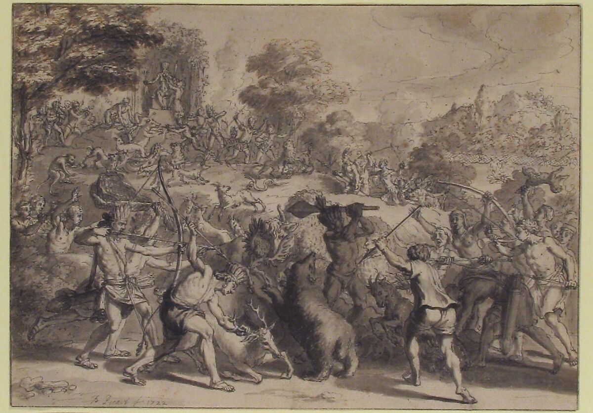 Mexican Sacrifice to the God of Hunting, Bernard Picart (French, Paris 1673–1733 Amsterdam), Pen and gray ink, brush and gray wash, over traces of graphite and red chalk, heightened with white. Contours incised. Verso reddened for transfer.