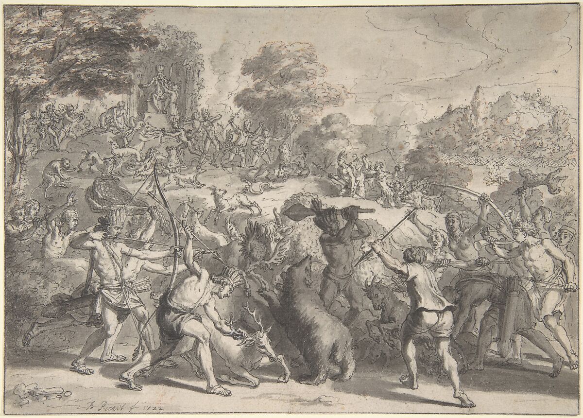 Mexican Sacrifice to the God of Hunting, Bernard Picart (French, Paris 1673–1733 Amsterdam), Pen and gray ink, brush and gray wash, over traces of graphite and red chalk, heightened with white. Contours incised. Verso reddened for transfer. 