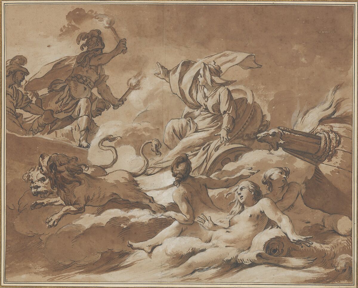 Cybele Prevents Turnus from Setting Fire to the Trojan Fleet by Transforming the Ships into Sea Goddesses, Jean-Baptiste Marie Pierre (French, Paris 1714–1789 Paris), Pen and brown ink, brush and brown wash, over black chalk, heightened with white. 
