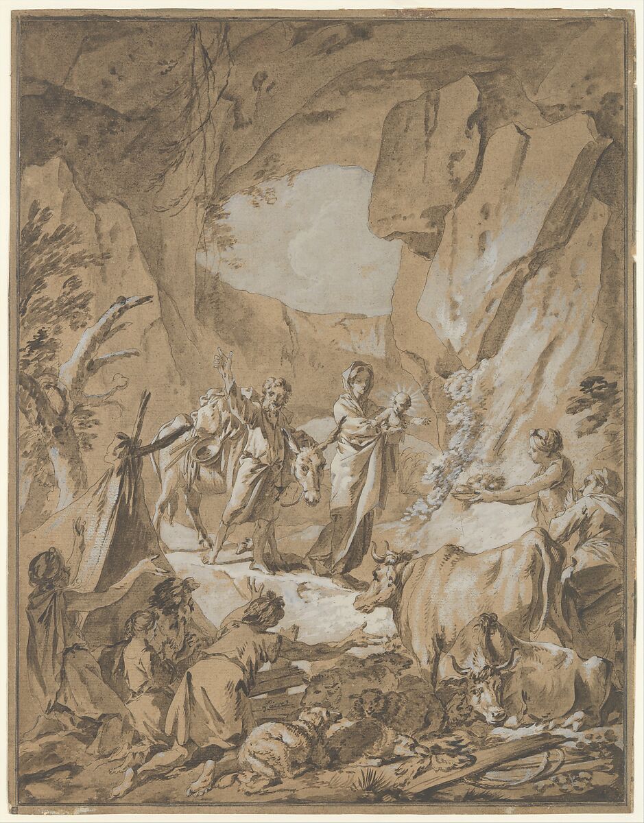 The Flight into Egypt, Jean-Baptiste Marie Pierre (French, Paris 1714–1789 Paris), Pen and brown ink, brush and brown wash, heightened with white, on beige paper. 