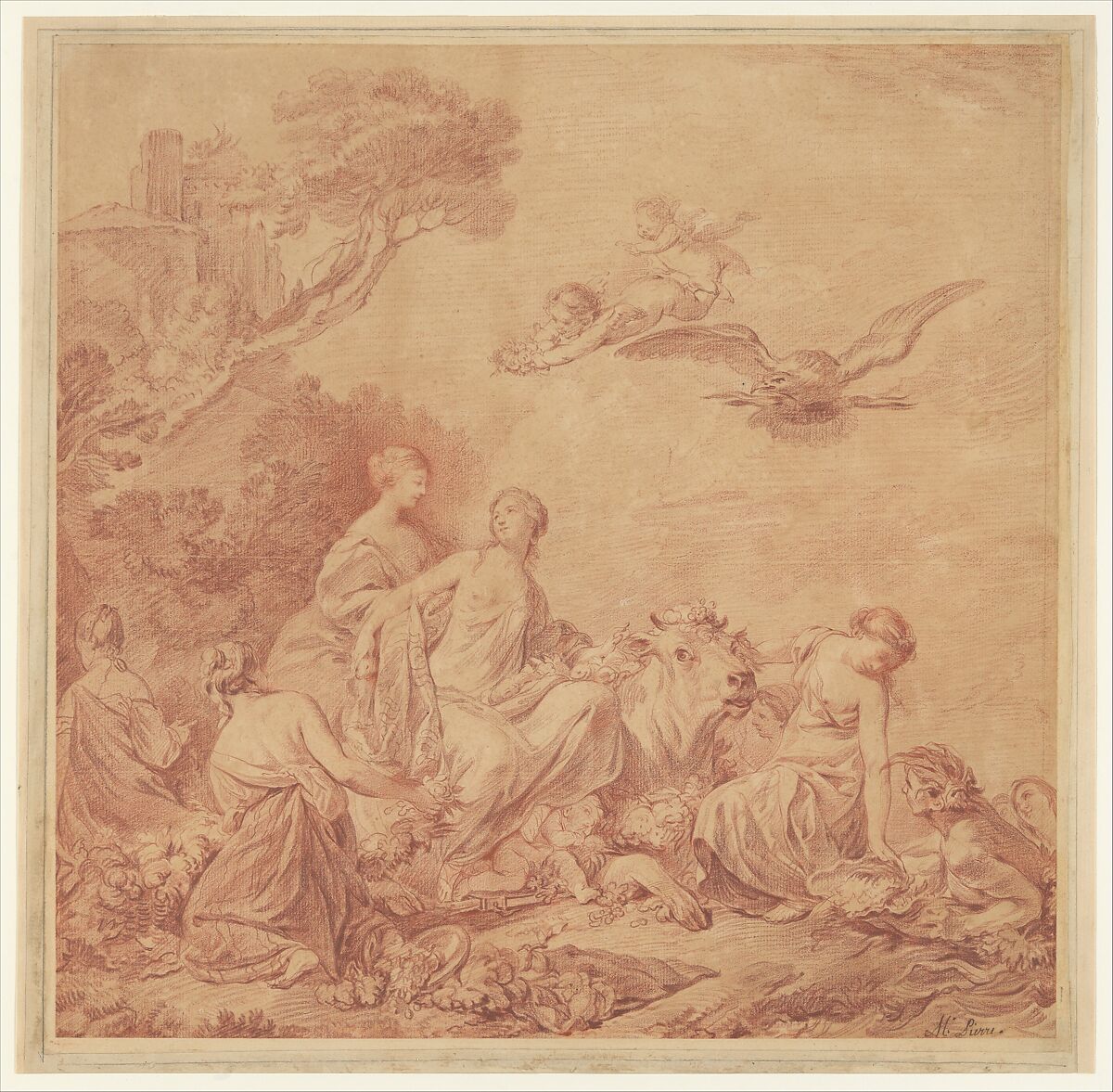 The Rape of Europa, Jean-Baptiste Marie Pierre (French, Paris 1714–1789 Paris), Red chalk. 