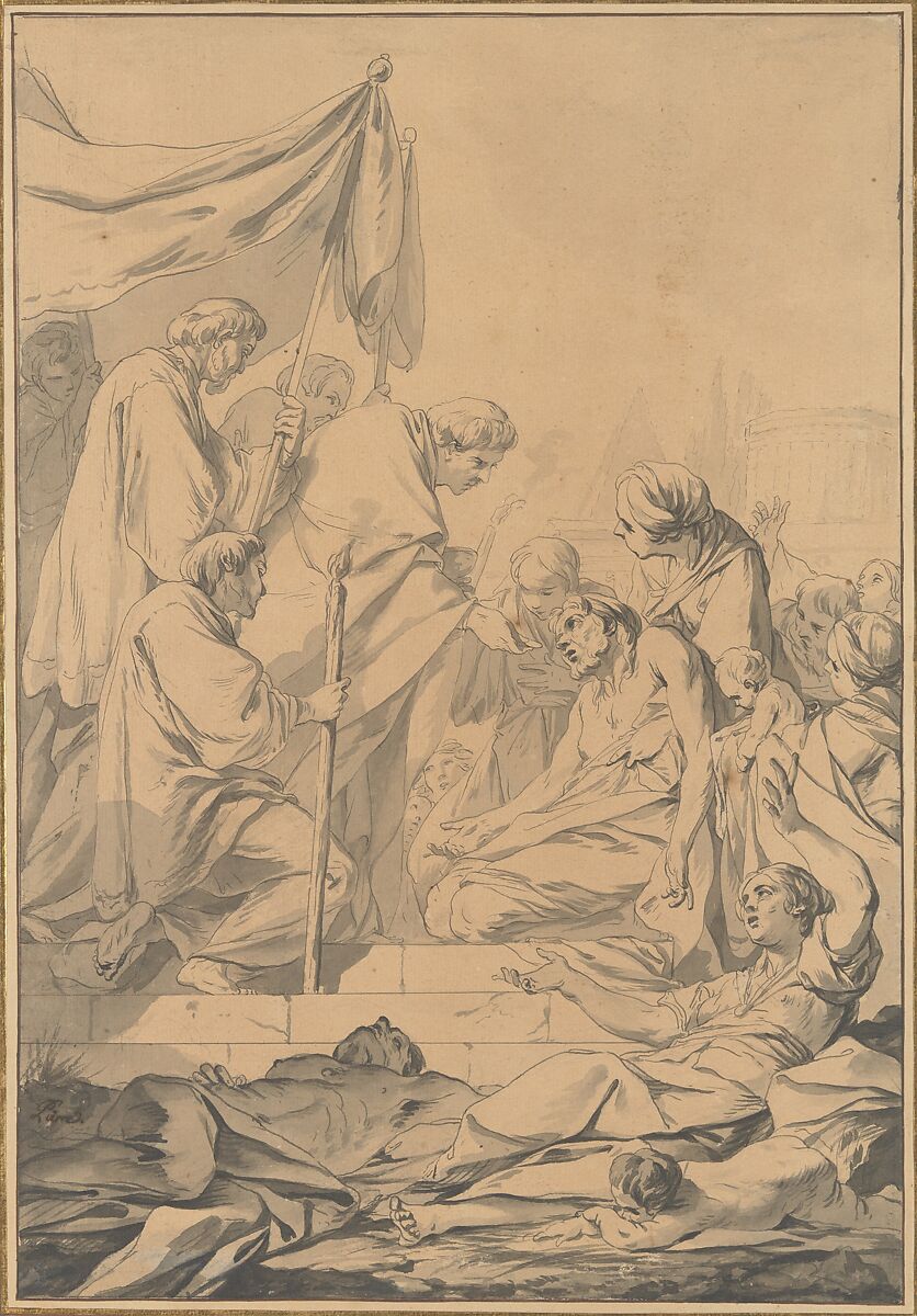 St. Charles Borromeo Distributing Communion to the Victims of the Plague in Milan, Jean-Baptiste Marie Pierre (French, Paris 1714–1789 Paris), Pen and gray ink, brush and gray wash, heightened with white, over black chalk 