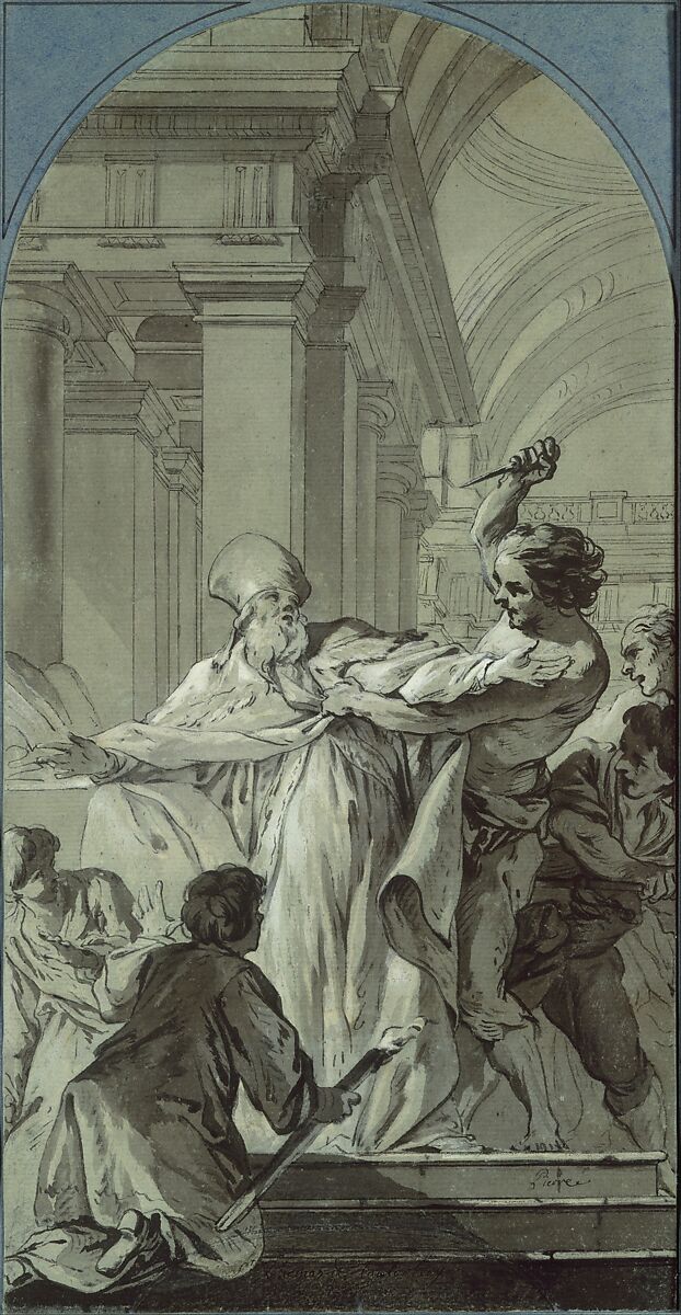 The Martyrdom of St. Thomas Becket, Archbishop of Canterbury, Jean-Baptiste Marie Pierre (French, Paris 1714–1789 Paris), Pen and black ink, brush and black and gray wash, heightened with white, over traces of black chalk, on gray-green paper