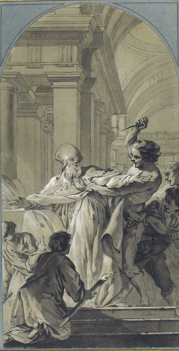 The Martyrdom of St. Thomas Becket, Archbishop of Canterbury, Jean-Baptiste Marie Pierre (French, Paris 1714–1789 Paris), Pen and black ink, brush and black and gray wash, heightened with white, over traces of black chalk, on gray-green paper
