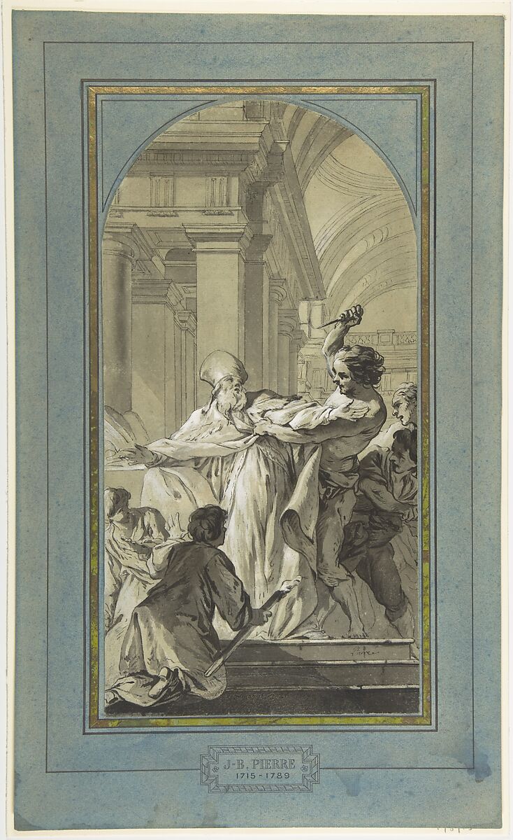 The Martyrdom of St. Thomas Becket, Archbishop of Canterbury, Jean-Baptiste Marie Pierre (French, Paris 1714–1789 Paris), Pen and black ink, brush and black and gray wash, heightened with white, over traces of black chalk, on gray-green paper 