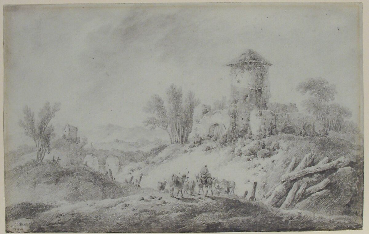Landscape, Jean Pillement (French, Lyons 1728–1808 Lyons), Graphite and brush and wash on pale blue-green paper