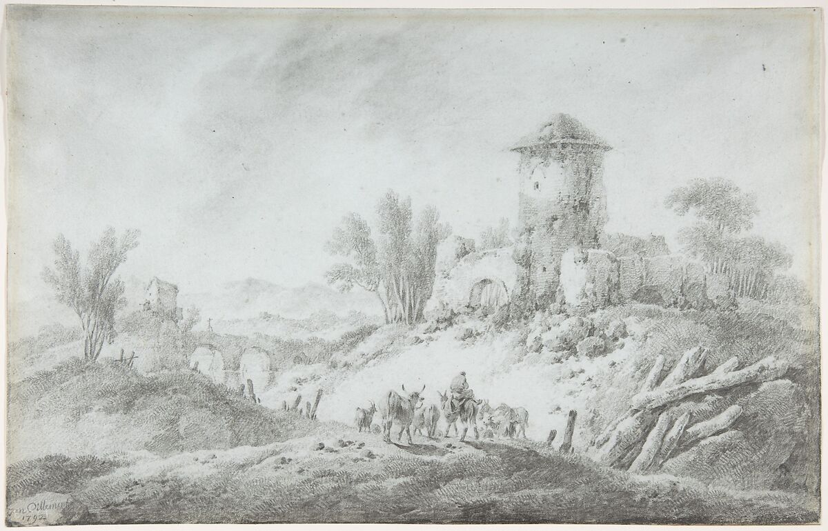 Landscape, Jean Pillement (French, Lyons 1728–1808 Lyons), Graphite and brush and wash on pale blue-green paper 