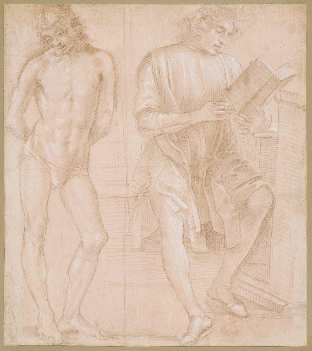 Standing Youth with Hands Behind His Back, and a Seated Youth Reading (recto); Two Studies of Hands (verso), Filippino Lippi (Italian, Prato ca. 1457–1504 Florence), Metalpoint, highlighted with white gouache, on pink prepared paper (recto); metalpoint, on pink prepared paper (verso) 