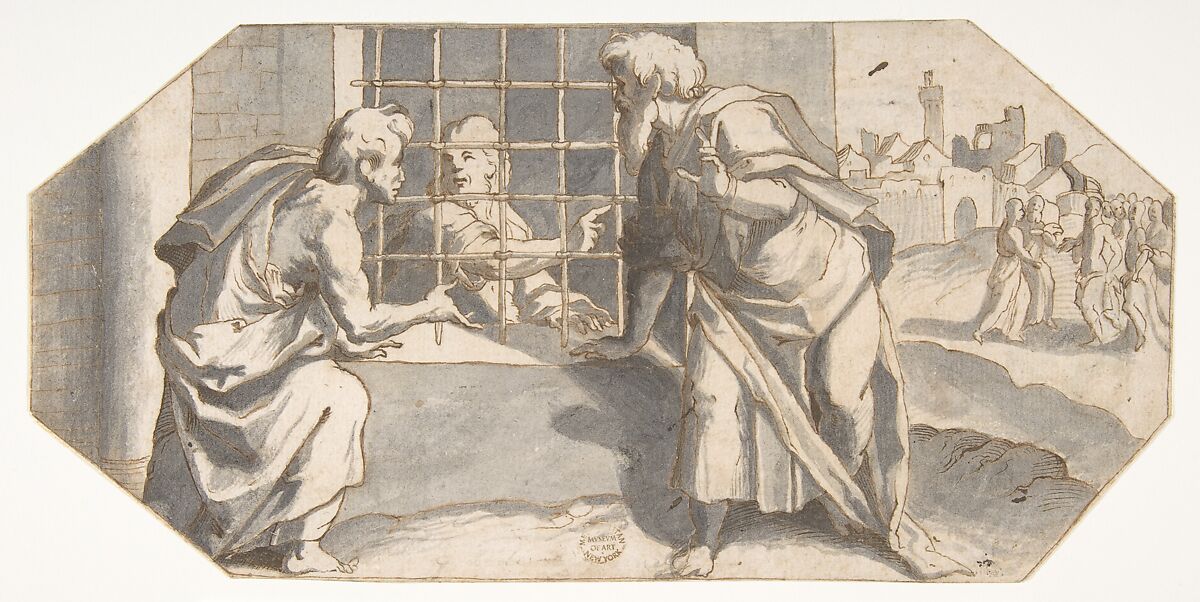 Saint John the Baptist in Prison Sends His Disciples to Question Jesus, Ermenegildo Lodi (Italian, Cremona, 1598–1616), Pen and brown ink, brush and gray wash 
