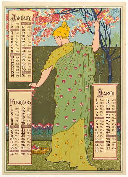 Poster Calendar 1897: January, February, March, Louis John Rhead (American (born England), Etruria 1857–1926 Amityville, New York), Lithograph 
