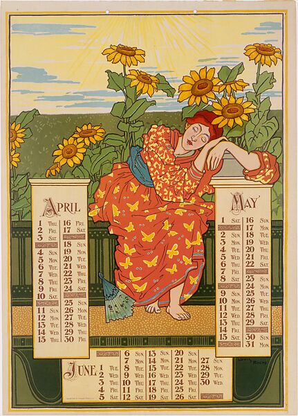 Poster Calendar 1897: April, May, June, Louis John Rhead (American (born England), Etruria 1857–1926 Amityville, New York), Lithograph