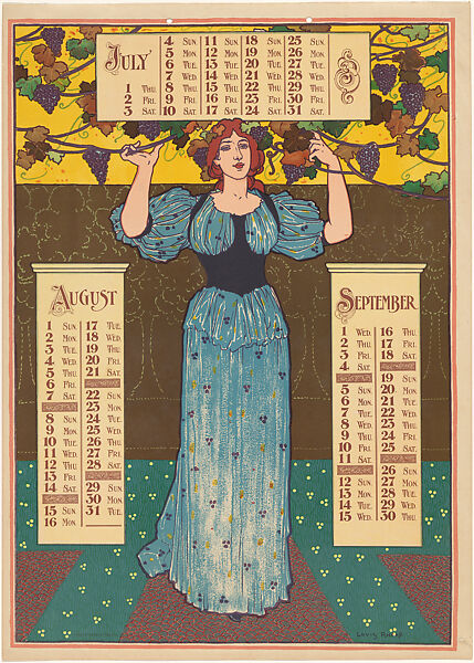 Poster Calendar 1897: July, August, September, Louis John Rhead (American (born England), Etruria 1857–1926 Amityville, New York), Lithograph 