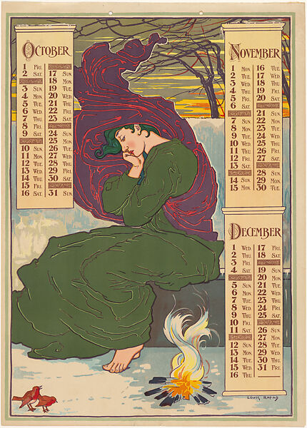 Poster Calendar 1897: October, November, December, Louis John Rhead (American (born England), Etruria 1857–1926 Amityville, New York), Lithograph 