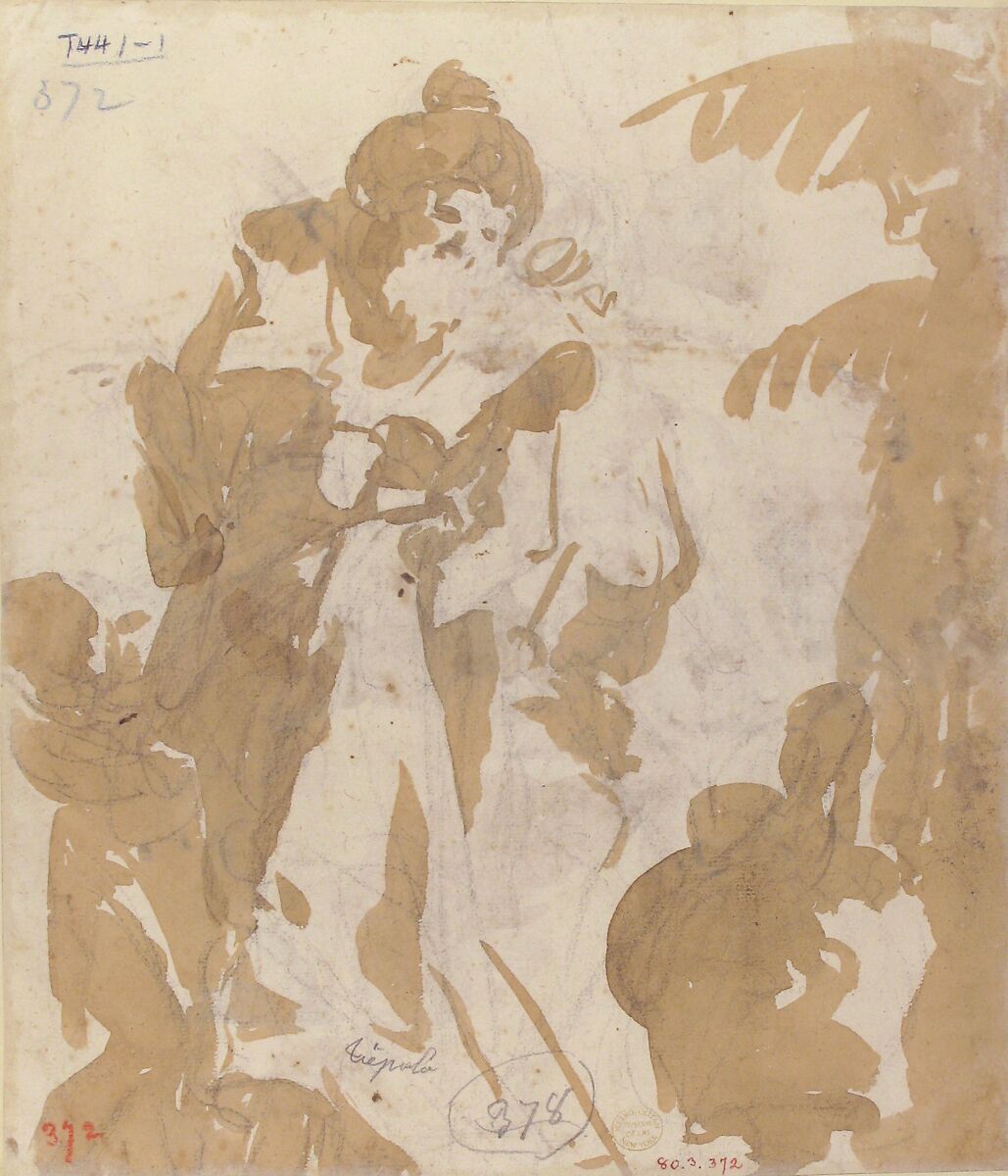 Design for a Ceiling (recto); Bearded Man Standing (verso), Circle of Giovanni Battista Tiepolo (Italian, Venice 1696–1770 Madrid), Pen and brown ink, brush and brown wash, over black chalk (recto); brush and brown wash, over black chalk (verso)