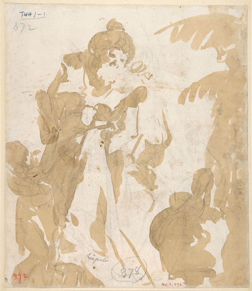 Design for a Ceiling (recto); Bearded Man Standing (verso), Circle of Giovanni Battista Tiepolo (Italian, Venice 1696–1770 Madrid), Pen and brown ink, brush and brown wash, over black chalk (recto); brush and brown wash, over black chalk (verso)