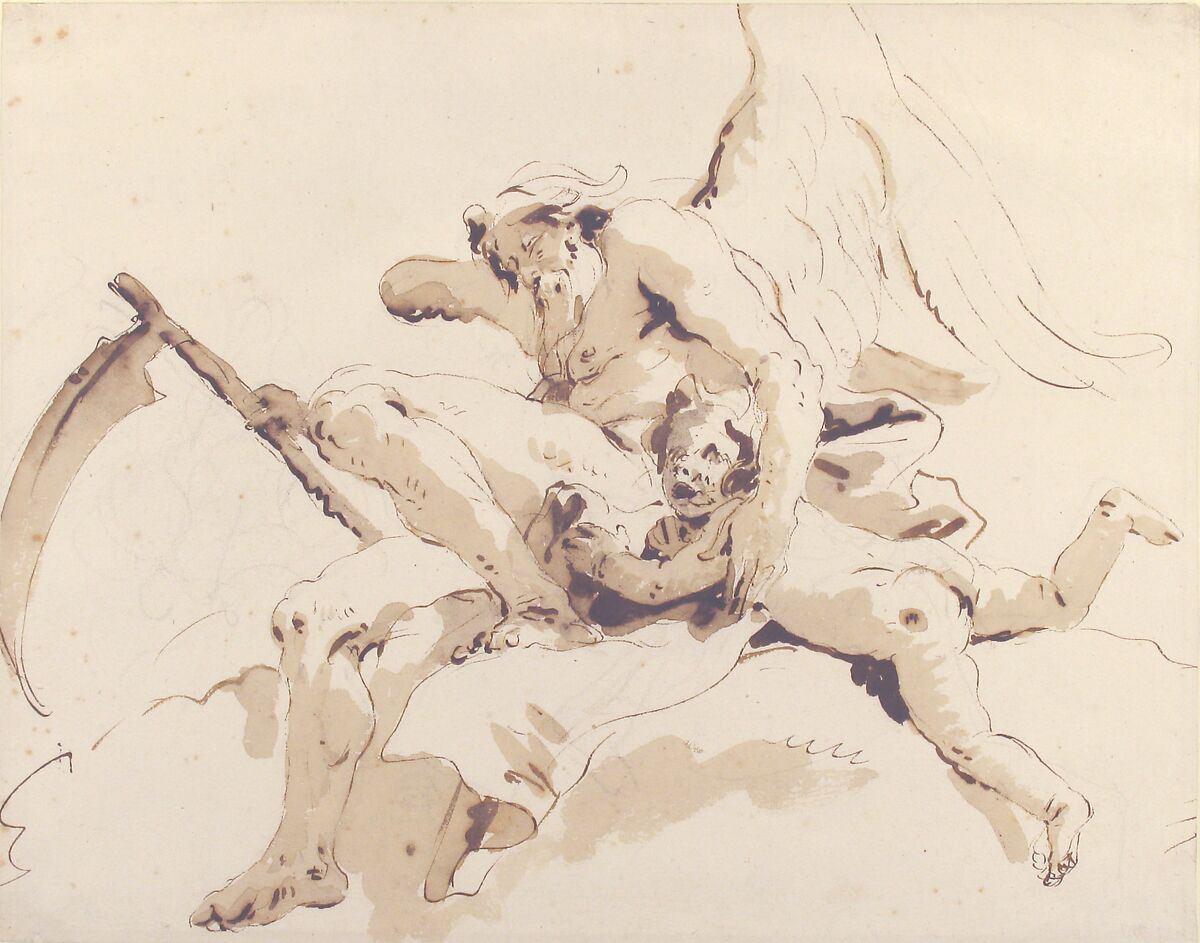 Time Seated, Clutching a Putto, Giovanni Battista Tiepolo (Italian, Venice 1696–1770 Madrid), Pen and dark brown ink, brush with pale and dark brown wash, over black chalk