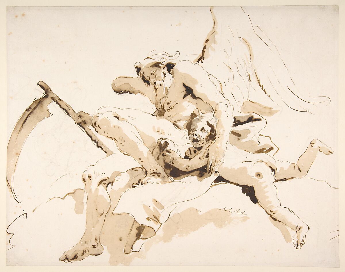 Time Seated, Clutching a Putto, Giovanni Battista Tiepolo (Italian, Venice 1696–1770 Madrid), Pen and dark brown ink, brush with pale and dark brown wash, over black chalk 