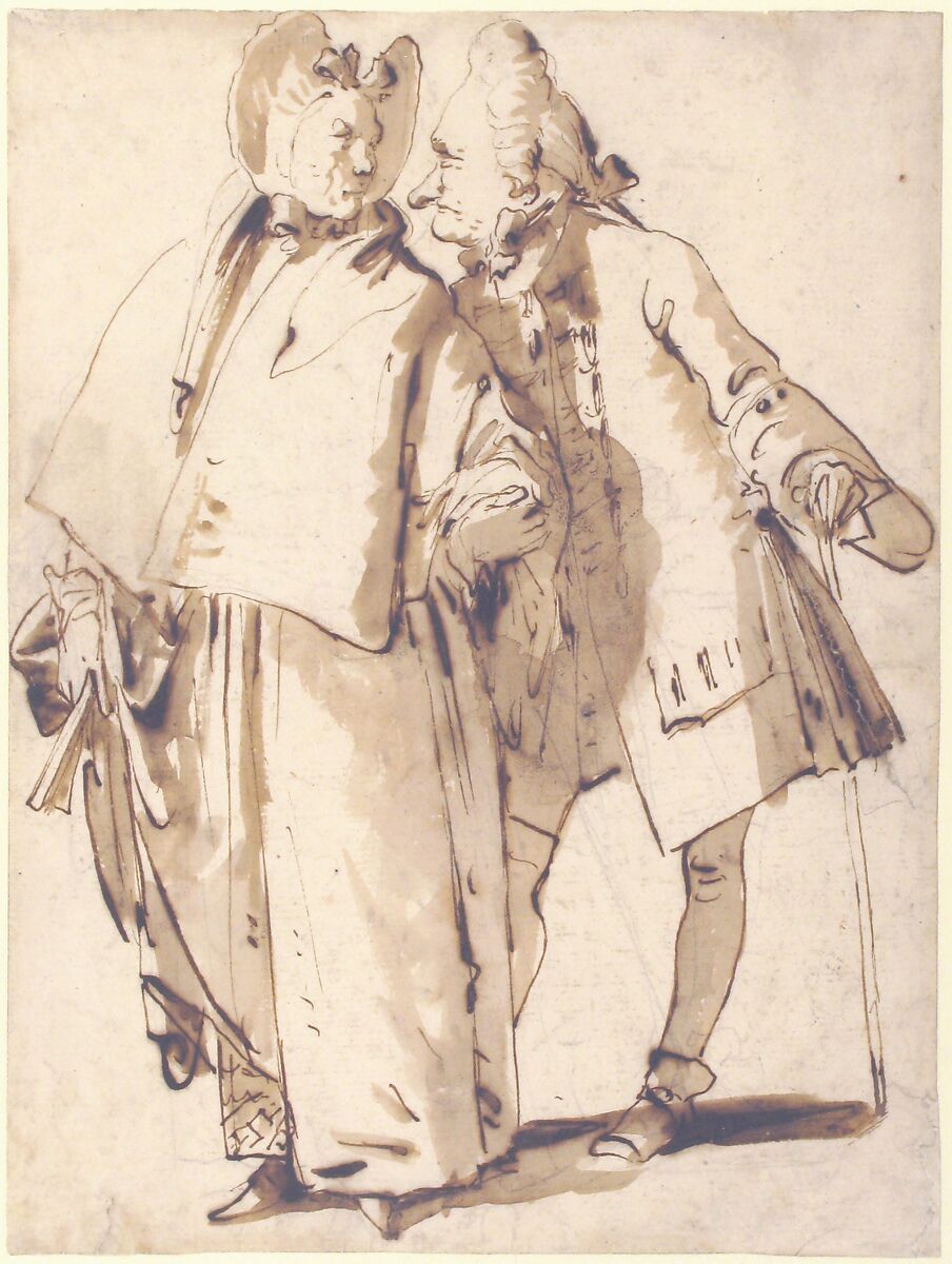 Caricature: An Elderly Couple, Giovanni Battista Tiepolo (Italian, Venice 1696–1770 Madrid), Pen and dark brown ink, brush and brown wash, over leadpoint or black chalk