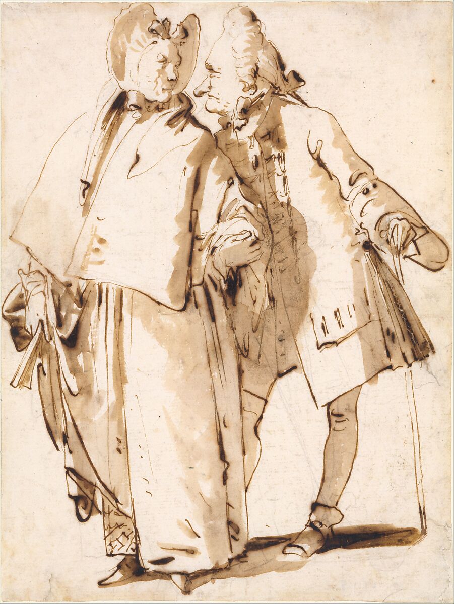 Caricature: An Elderly Couple, Giovanni Battista Tiepolo (Italian, Venice 1696–1770 Madrid), Pen and dark brown ink, brush and brown wash, over leadpoint or black chalk