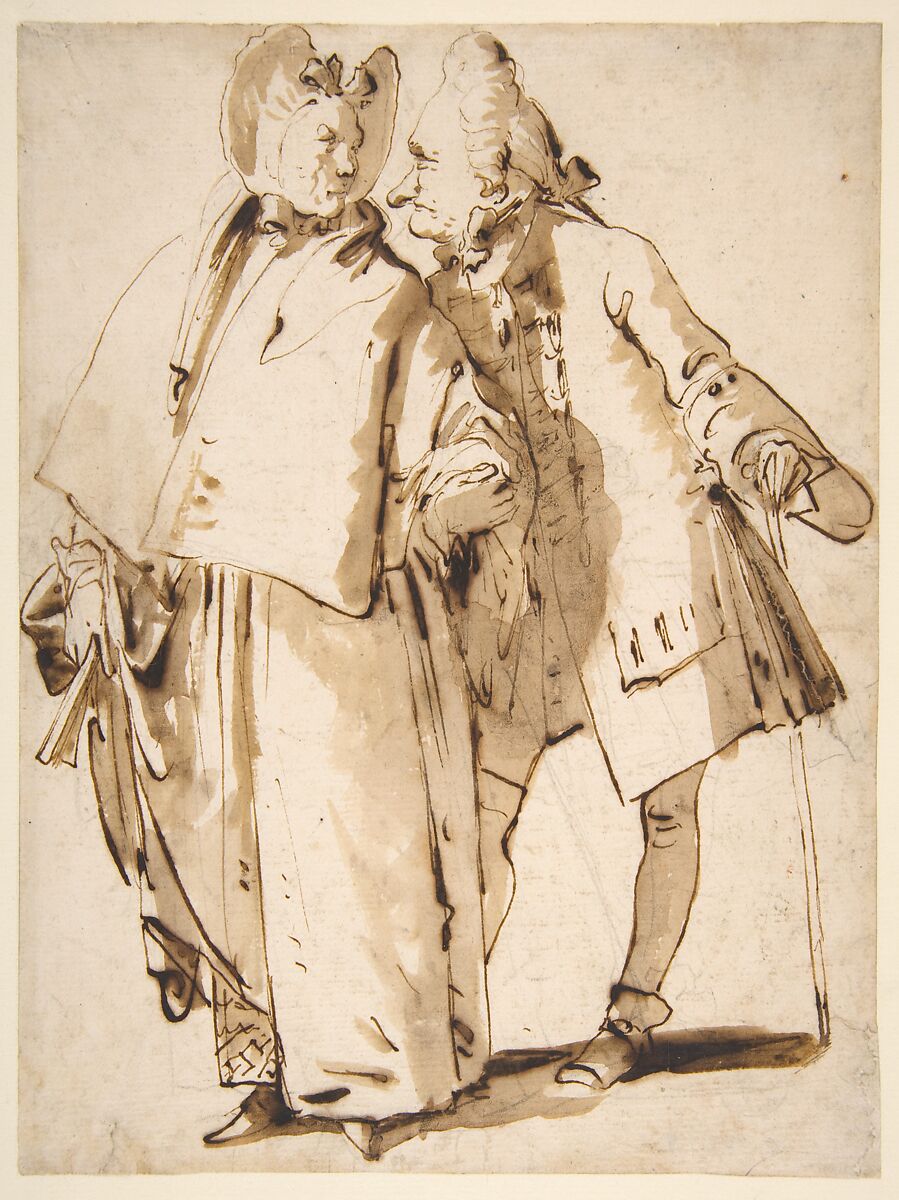 Caricature: An Elderly Couple, Giovanni Battista Tiepolo (Italian, Venice 1696–1770 Madrid), Pen and dark brown ink, brush and brown wash, over leadpoint or black chalk 