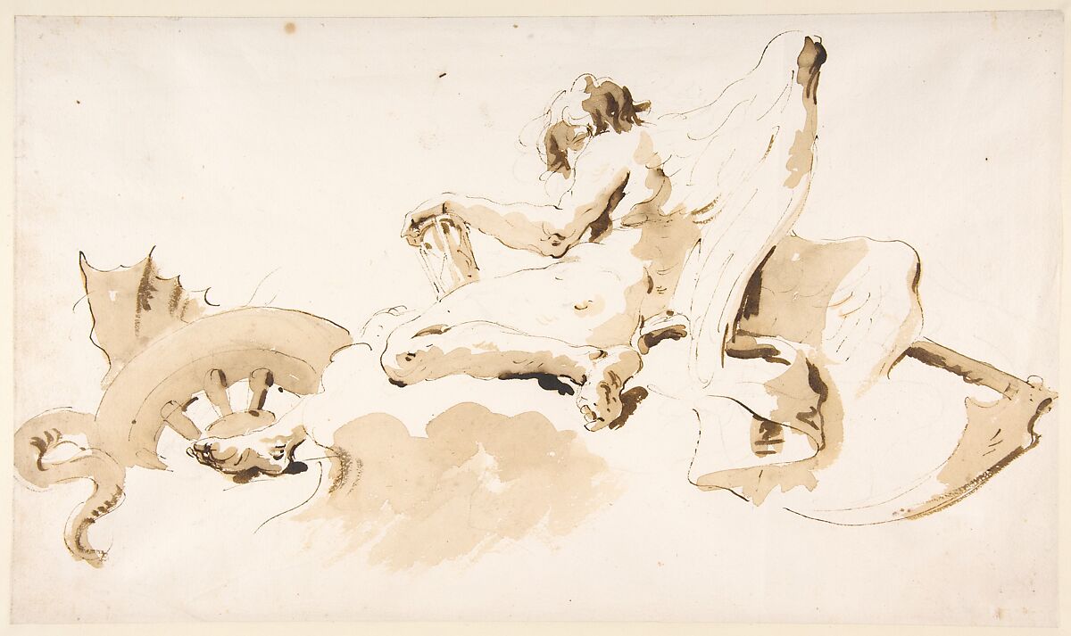 Seated Figure of Time, Giovanni Battista Tiepolo (Italian, Venice 1696–1770 Madrid), Pen and dark brown ink, brush with pale and dark brown wash, over black chalk 