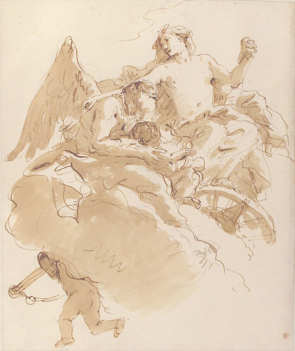 Venus Entrusting an Infant to Time, Giovanni Battista Tiepolo (Italian, Venice 1696–1770 Madrid), Pen and brown ink, brush and brown wash, over black chalk
