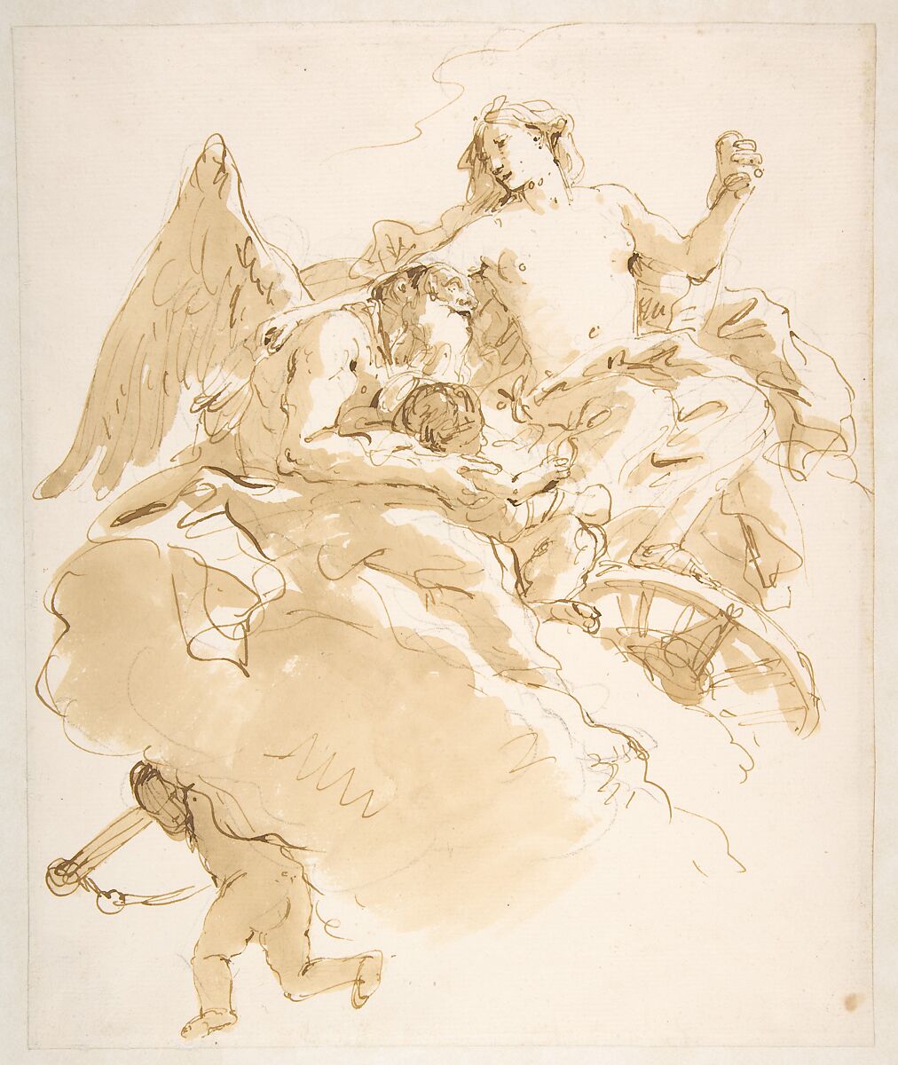 Venus Entrusting an Infant to Time, Giovanni Battista Tiepolo (Italian, Venice 1696–1770 Madrid), Pen and brown ink, brush and brown wash, over black chalk 