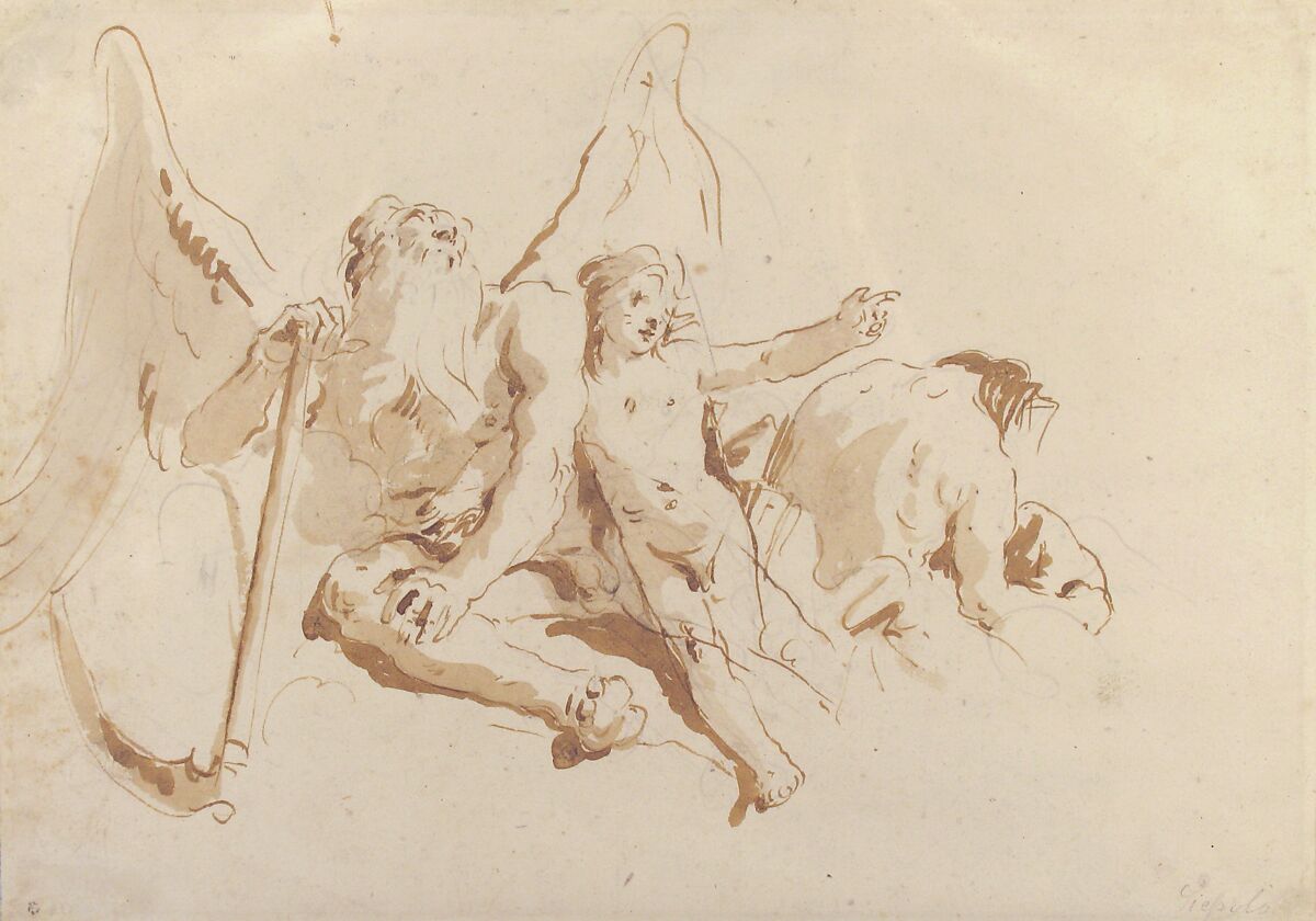 Time Seated, with Two Attendant Figures, Giovanni Battista Tiepolo (Italian, Venice 1696–1770 Madrid), Pen and brown ink, brush with pale and dark brown wash, over leadpoint or black chalk